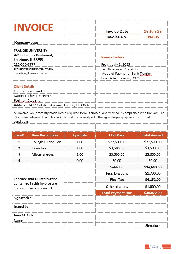 College Tuition Invoice Template PSD template
